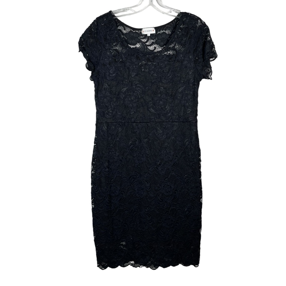 Ci Sono Black Lace Stretch Fitted Cap Sleeve Pencil Dress Large L Formal Guest